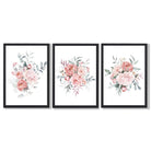 Pink Peonies Watercolour Floral Set of 3 Framed Art Prints with Black Wooden Frames