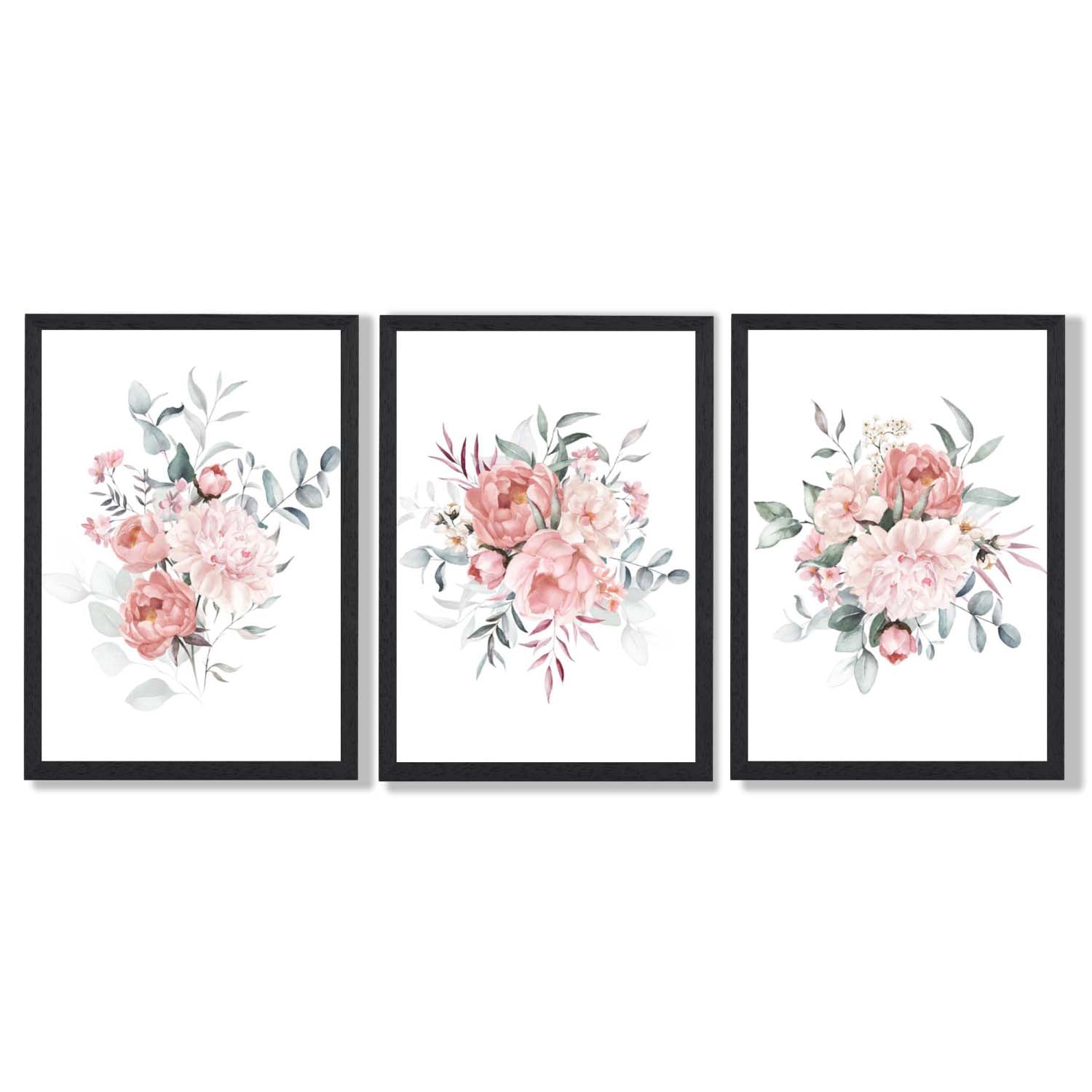 Pink Peonies Watercolour Floral Set of 3 Framed Art Prints with Black Wooden Frames