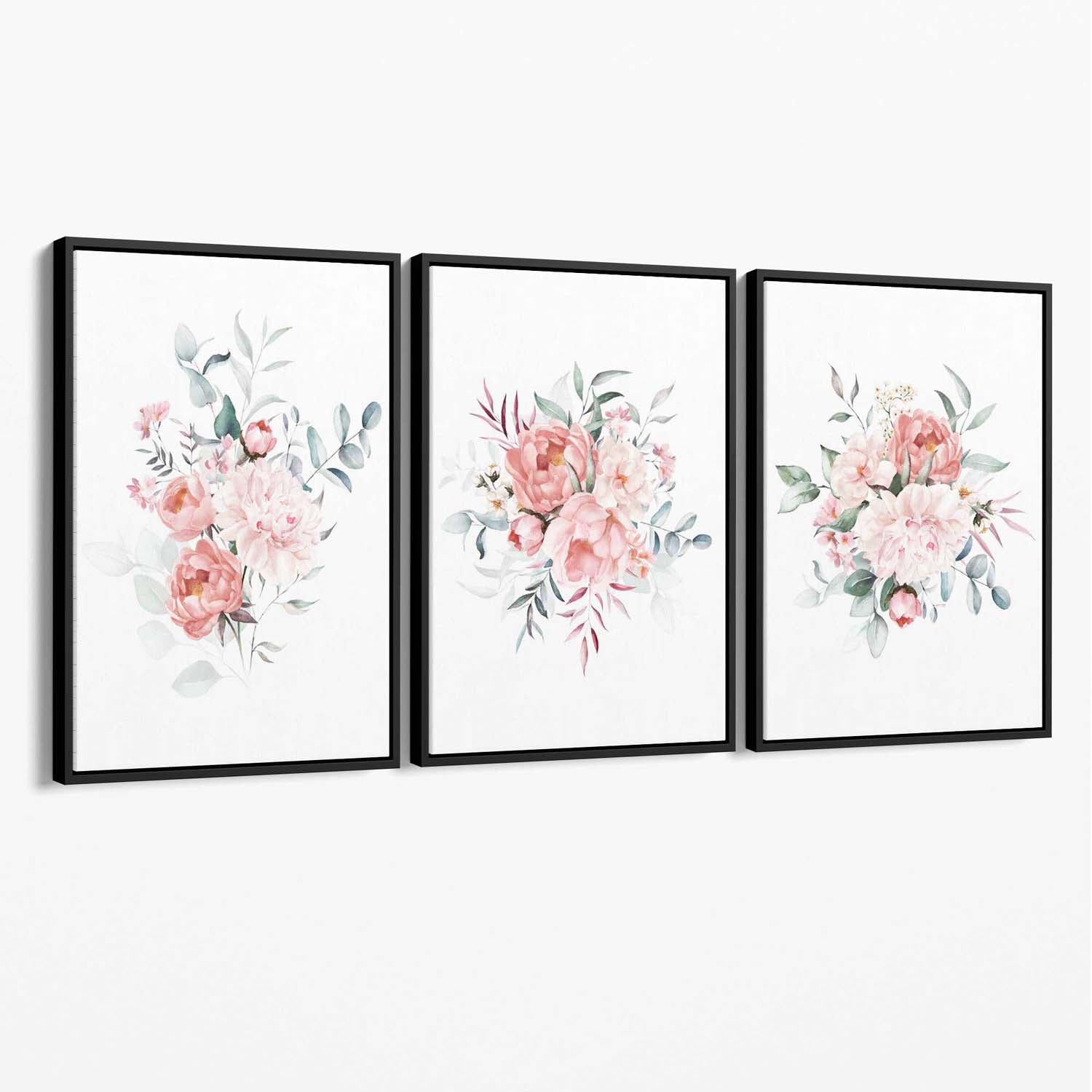 Pink Peonies Watercolour Floral Set of 3 Canvas Art Prints with Black Float Frame