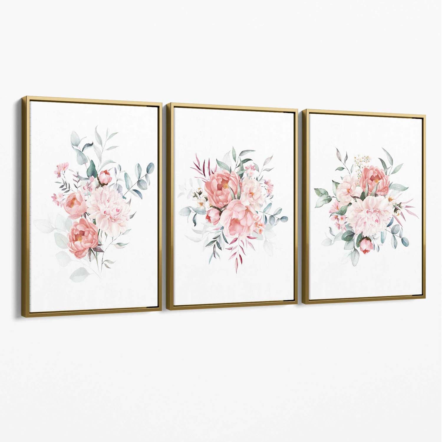 Pink Peonies Watercolour Floral Set of 3 Canvas Art Prints with Gold Float Frame
