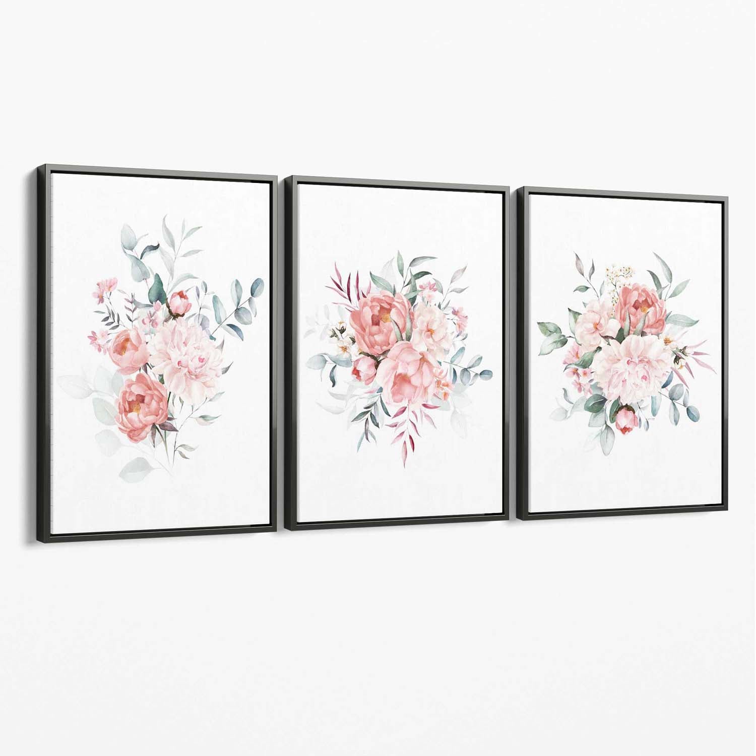 Pink Peonies Watercolour Floral Set of 3 Canvas Art Prints with Grey Float Frame