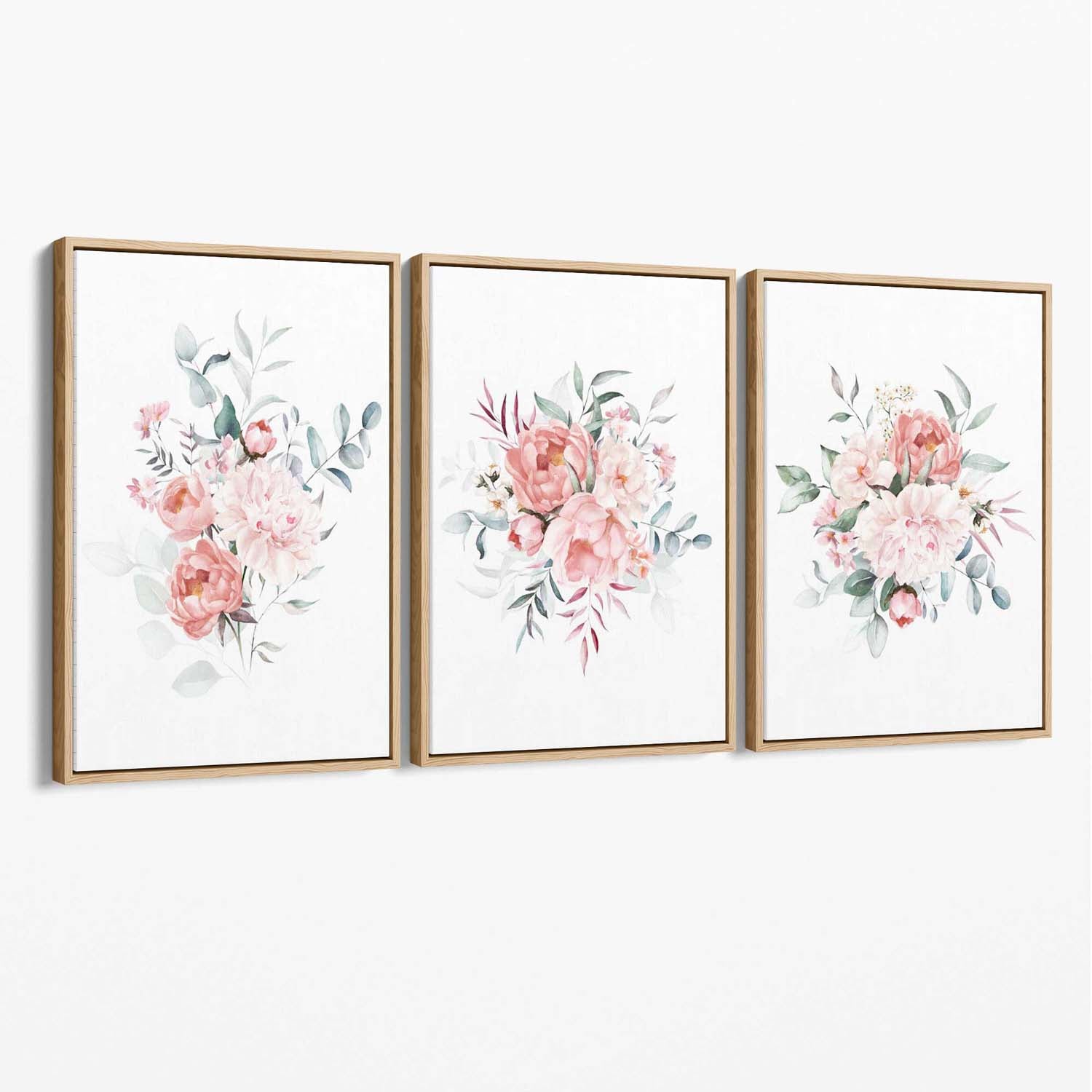 Pink Peonies Watercolour Floral Set of 3 Canvas Art Prints with Oak Float Frame