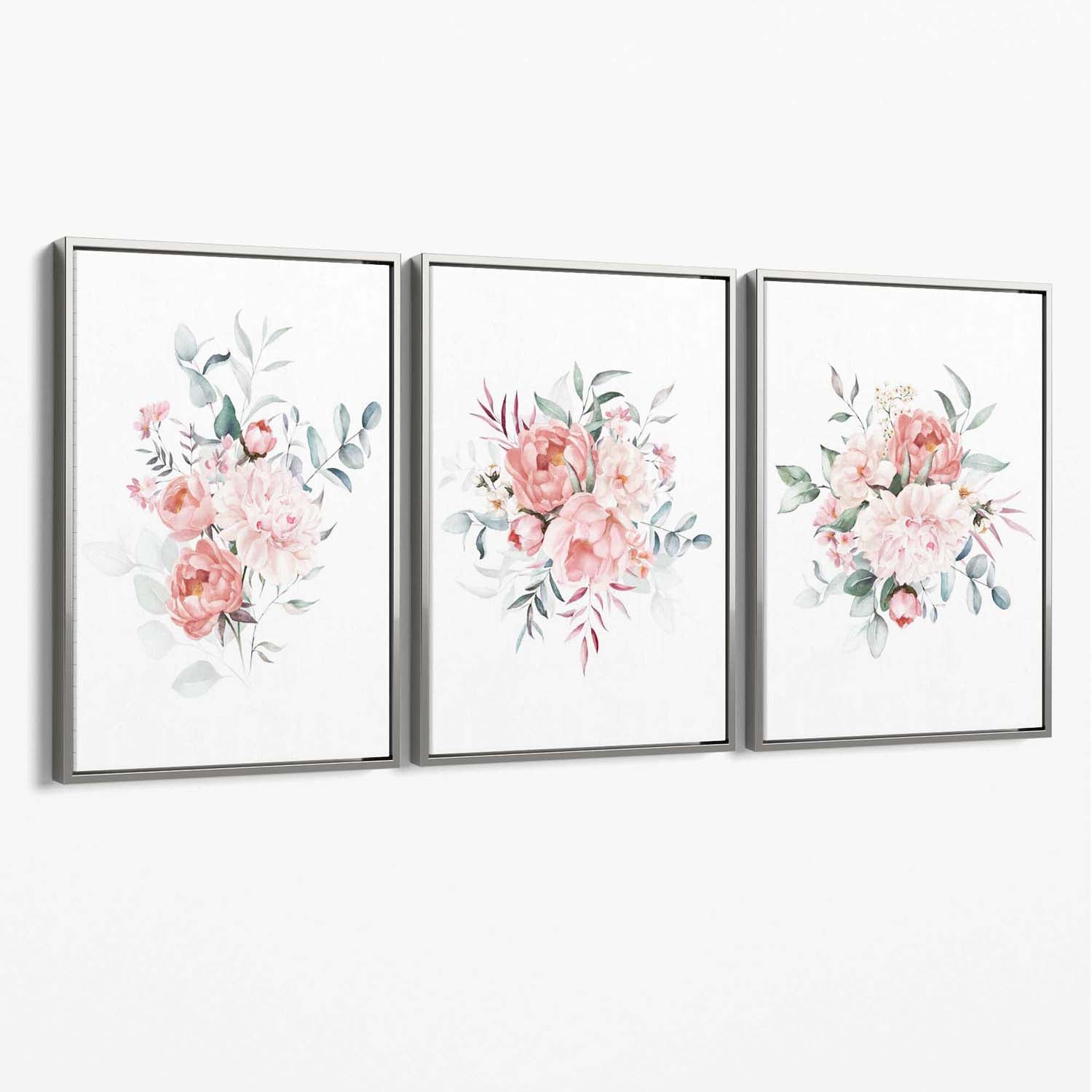 Pink Peonies Watercolour Floral Set of 3 Canvas Art Prints with Silver Float Frame