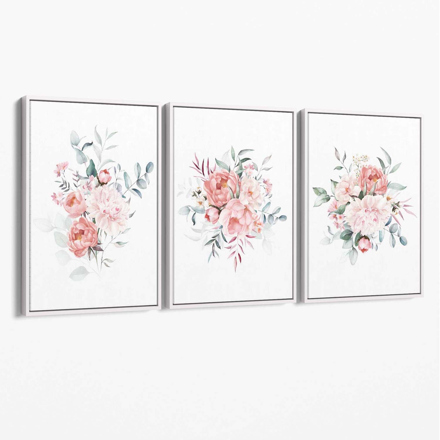 Pink Peonies Watercolour Floral Set of 3 Canvas Art Prints with White Float Frame