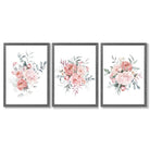 Pink Peonies Watercolour Floral Set of 3 Framed Art Prints with Dark Grey Wooden Frames