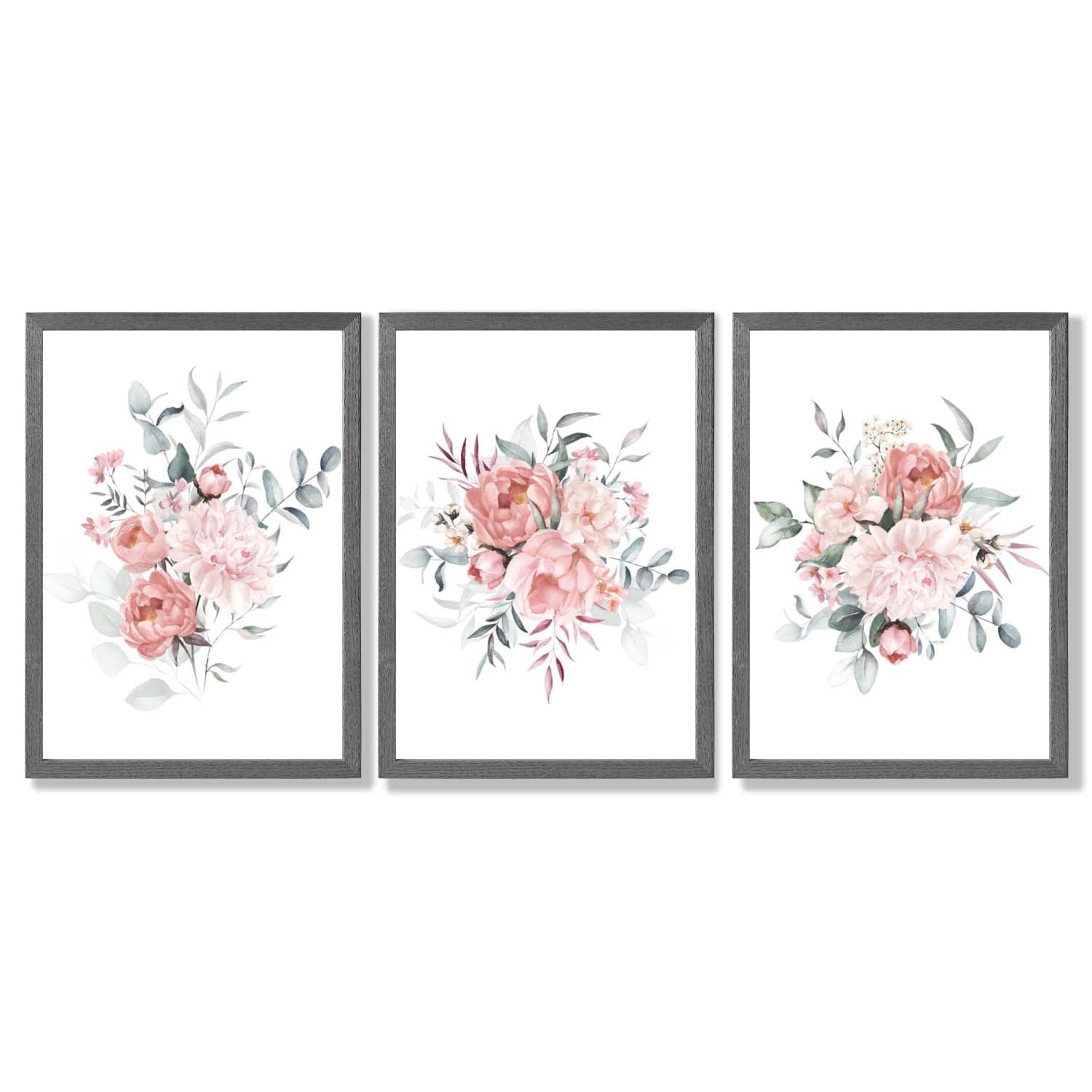 Pink Peonies Watercolour Floral Set of 3 Framed Art Prints with Dark Grey Wooden Frames