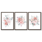 Pink Peonies Watercolour Floral Set of 3 Framed Art Prints with Dark Wood Frames