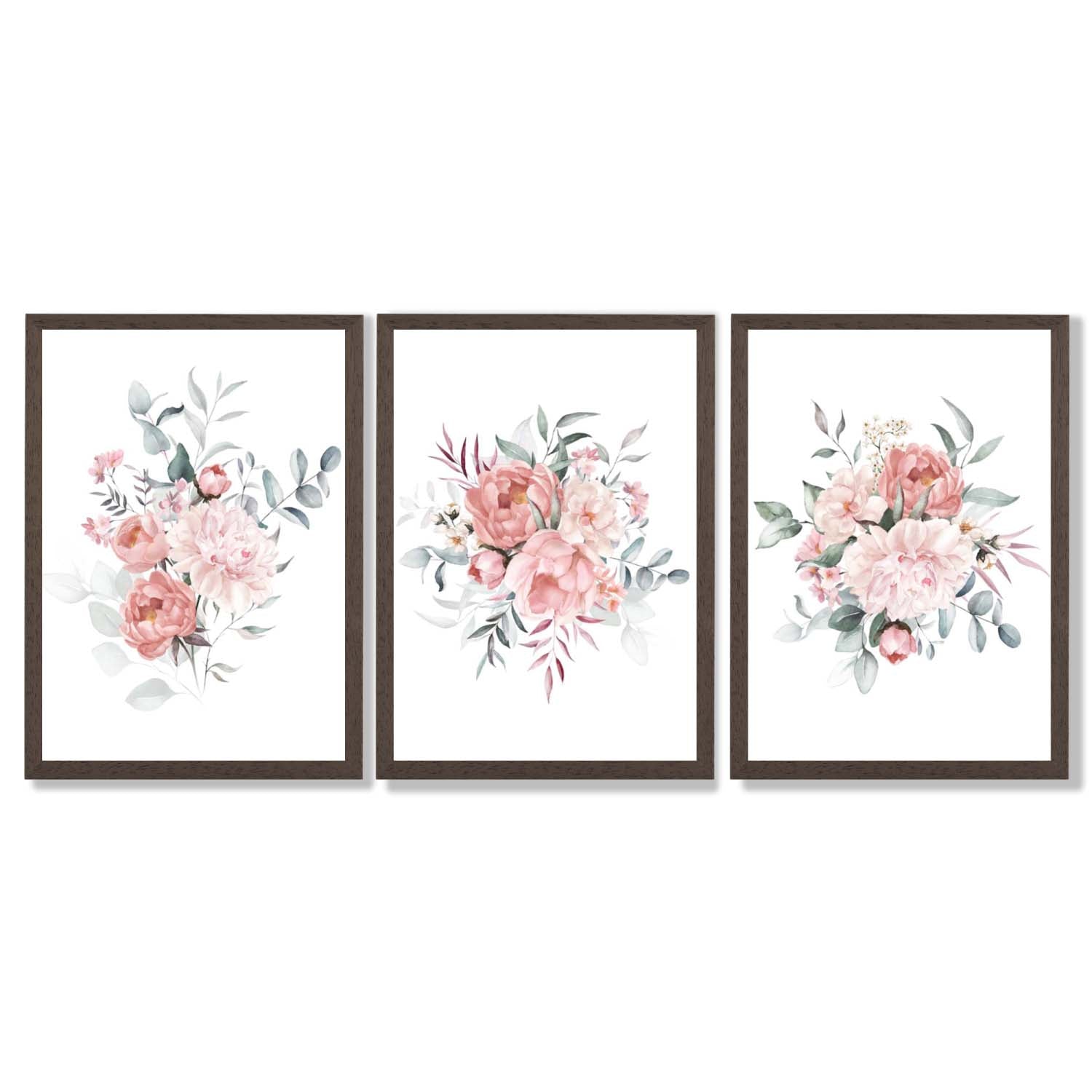 Pink Peonies Watercolour Floral Set of 3 Framed Art Prints with Dark Wood Frames