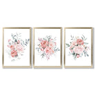 Pink Peonies Watercolour Floral Set of 3 Framed Art Prints with Gold Wood Frames