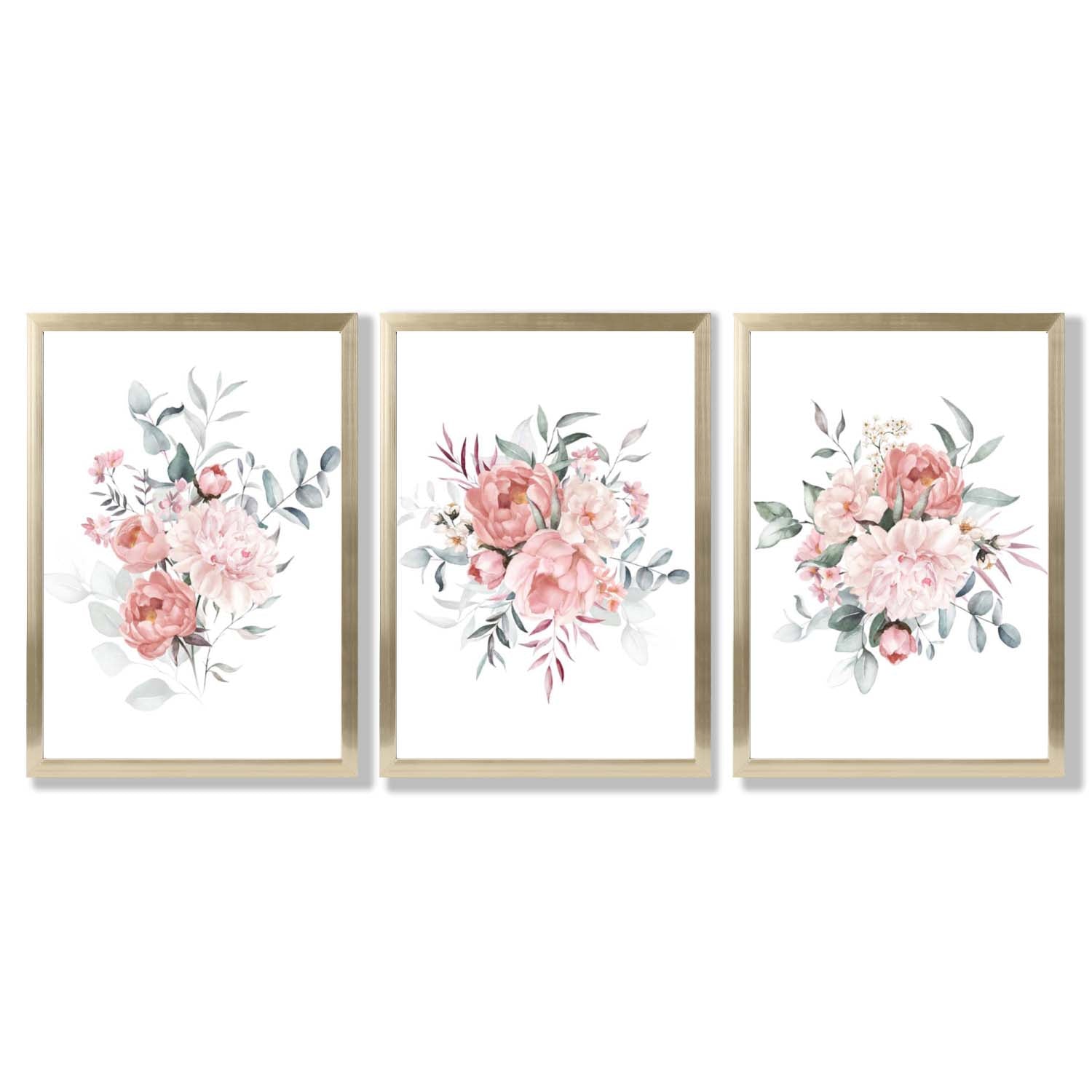 Pink Peonies Watercolour Floral Set of 3 Framed Art Prints with Gold Wood Frames