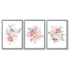 Pink Peonies Watercolour Floral Set of 3 Framed Art Prints with Light Grey Wooden Frames