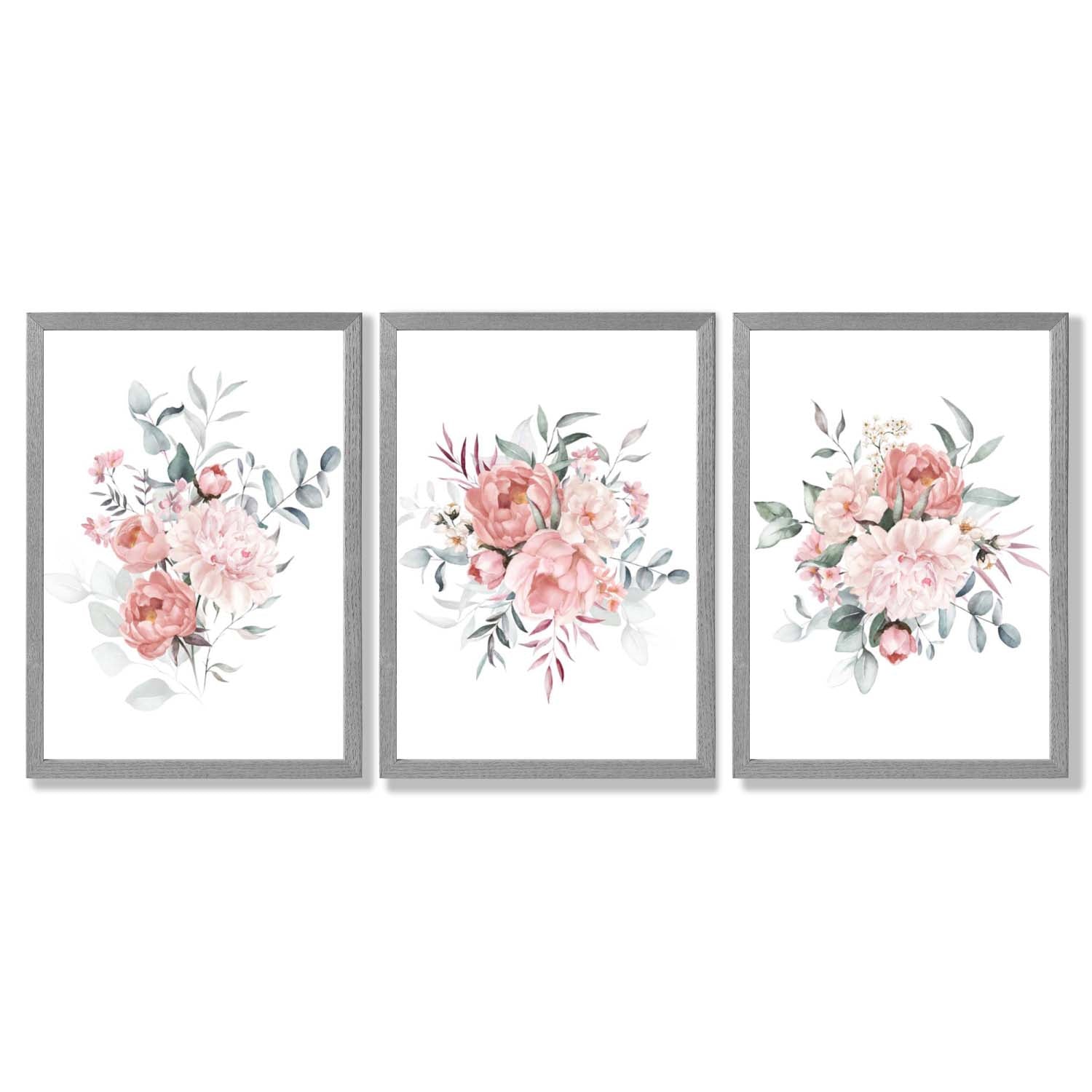 Pink Peonies Watercolour Floral Set of 3 Framed Art Prints with Light Grey Wooden Frames