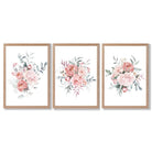 Pink Peonies Watercolour Floral Set of 3 Framed Art Prints with Light Oak Frames