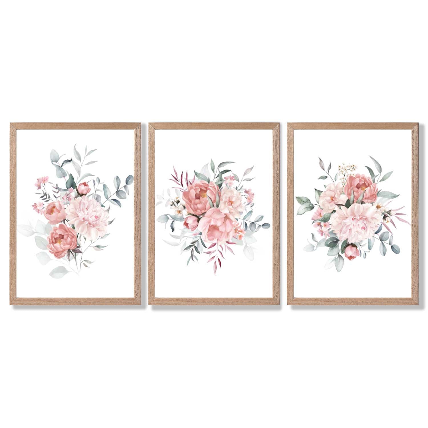 Pink Peonies Watercolour Floral Set of 3 Framed Art Prints with Light Oak Frames
