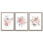 Pink Peonies Watercolour Floral Set of 3 Framed Art Prints with Light Walnut Frames