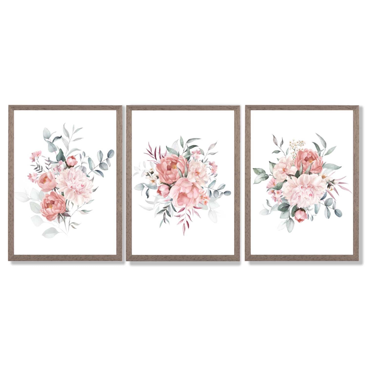 Pink Peonies Watercolour Floral Set of 3 Framed Art Prints with Light Walnut Frames