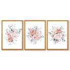 Pink Peonies Watercolour Floral Set of 3 Framed Art Prints with Oak Wooden Frames