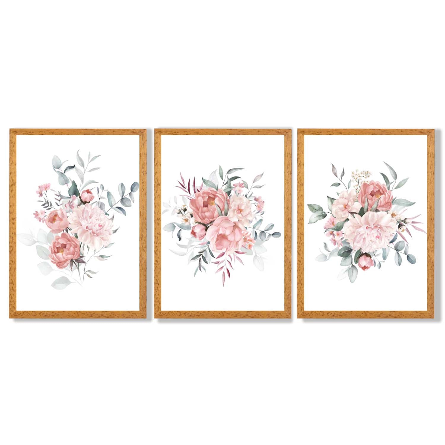 Pink Peonies Watercolour Floral Set of 3 Framed Art Prints with Oak Wooden Frames