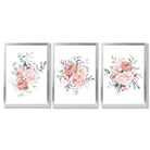Pink Peonies Watercolour Floral Set of 3 Framed Art Prints with Silver Wood Frames