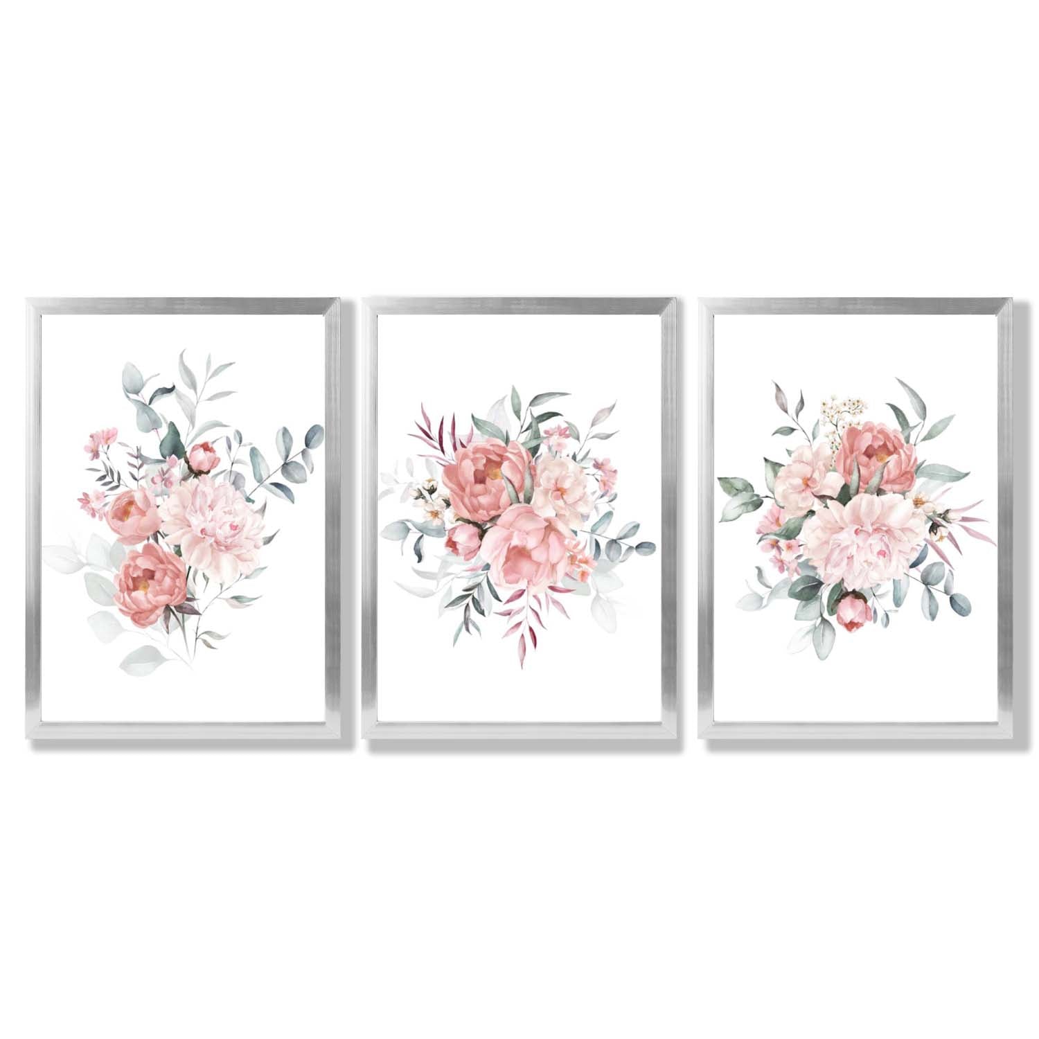 Pink Peonies Watercolour Floral Set of 3 Framed Art Prints with Silver Wood Frames