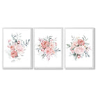 Pink Peonies Watercolour Floral Set of 3 Framed Art Prints with White Wooden Frames