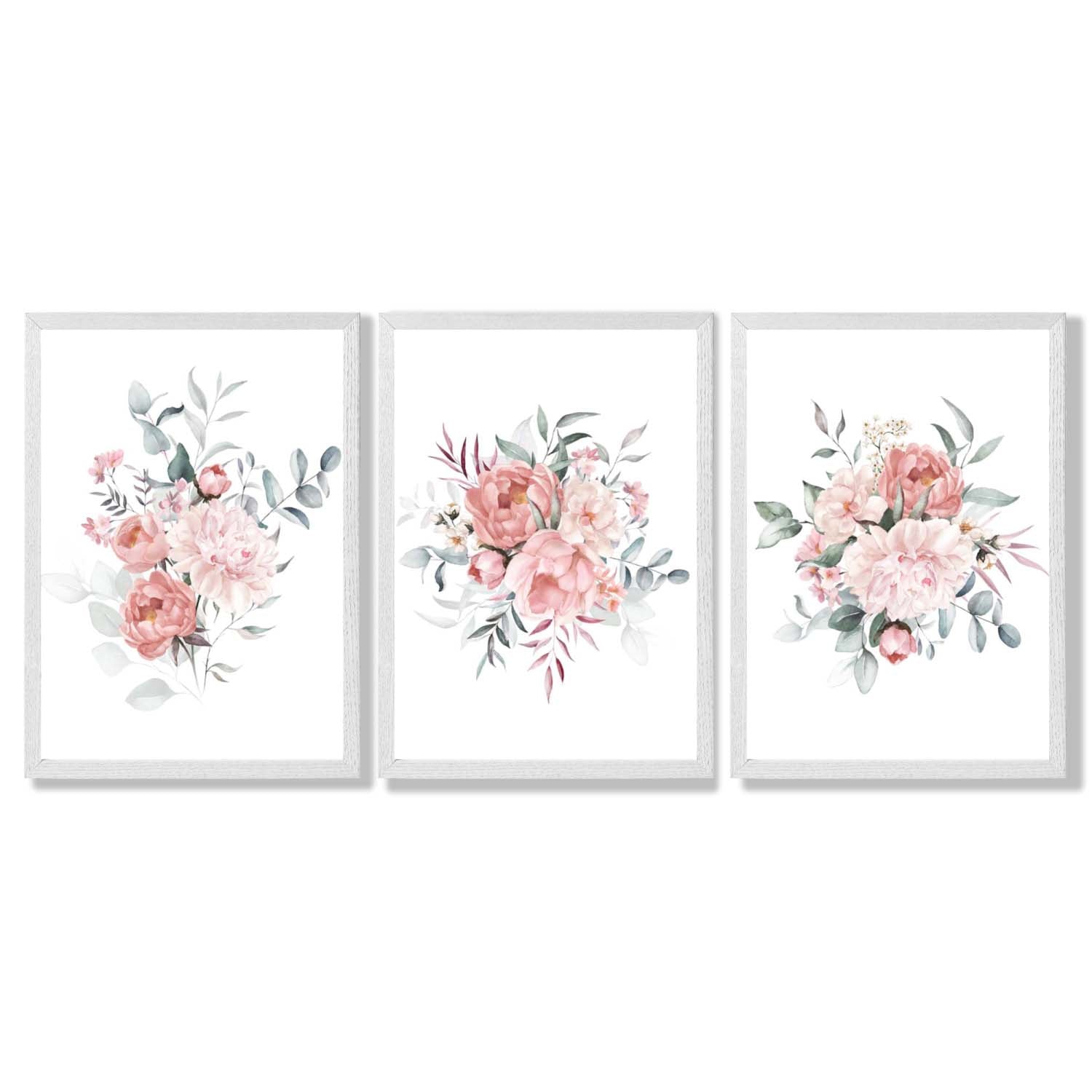 Pink Peonies Watercolour Floral Set of 3 Framed Art Prints with White Wooden Frames