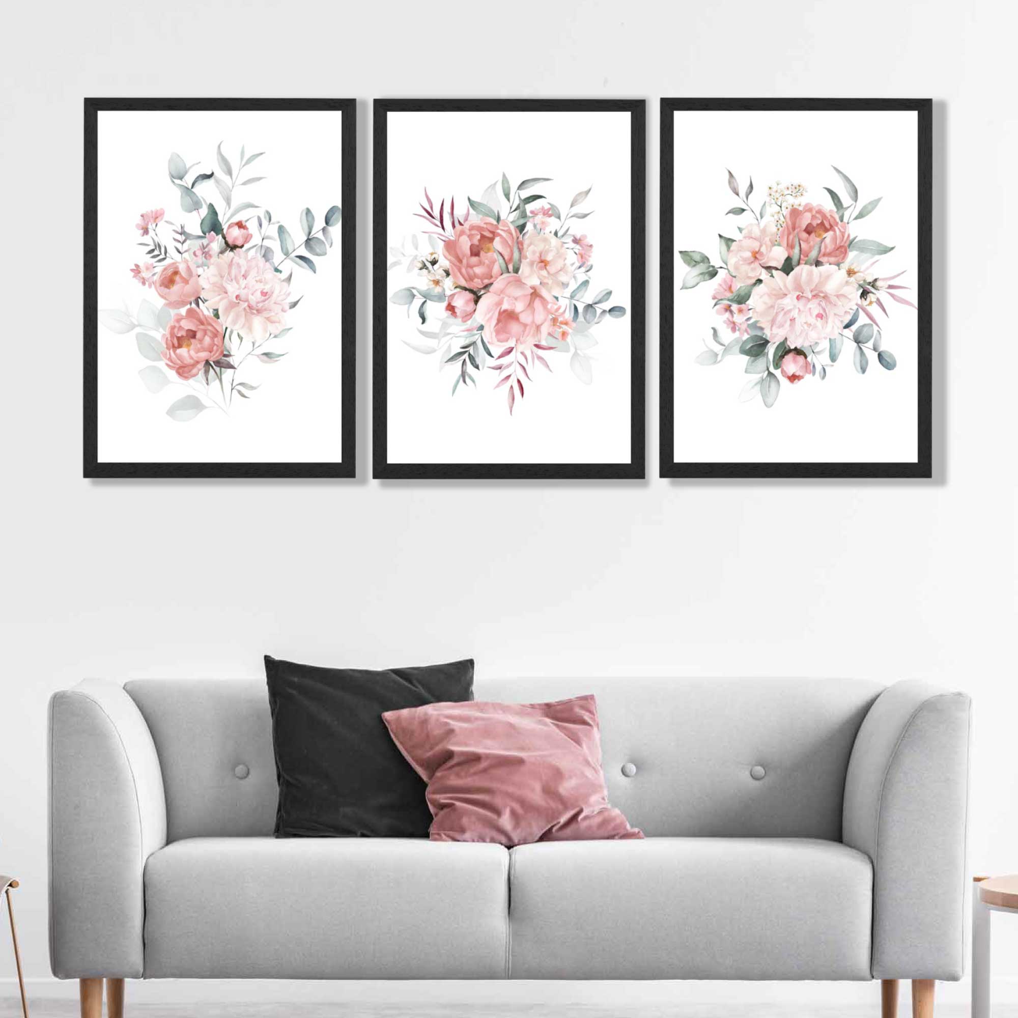 Pink Peonies Watercolour Floral Set of 3 Art Prints in Luxury Frames | Artze UK
