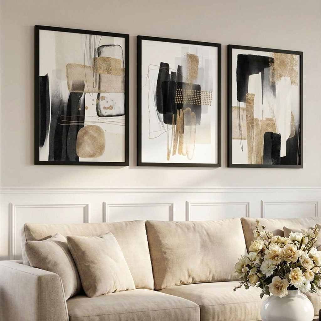 Set of 3 Abstract Black Beige with Gold Art Prints | Artze Wall Art UK