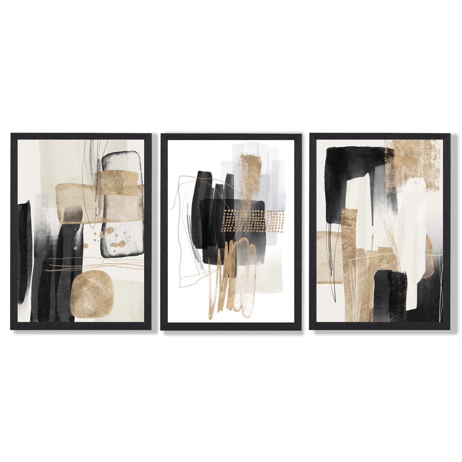 Set of 3 Abstract Black Beige with Gold Framed Art Prints with Black Wooden Frames