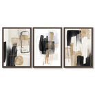 Set of 3 Abstract Black Beige with Gold Framed Art Prints with Dark Wood Frames