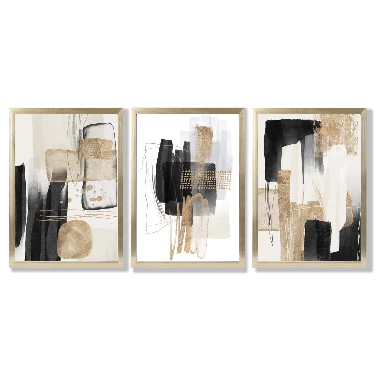 Set of 3 Abstract Black Beige with Gold Framed Art Prints with Gold Wood Frames