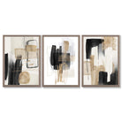 Set of 3 Abstract Black Beige with Gold Framed Art Prints with Light Walnut Frames