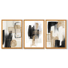 Set of 3 Abstract Black Beige with Gold Framed Art Prints with Oak Wooden Frames