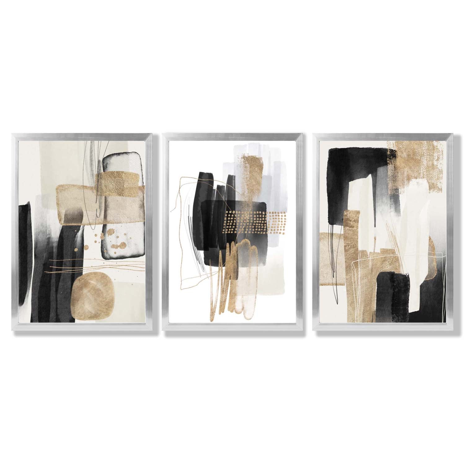 Set of 3 Abstract Black Beige with Gold Framed Art Prints with Silver Wood Frames