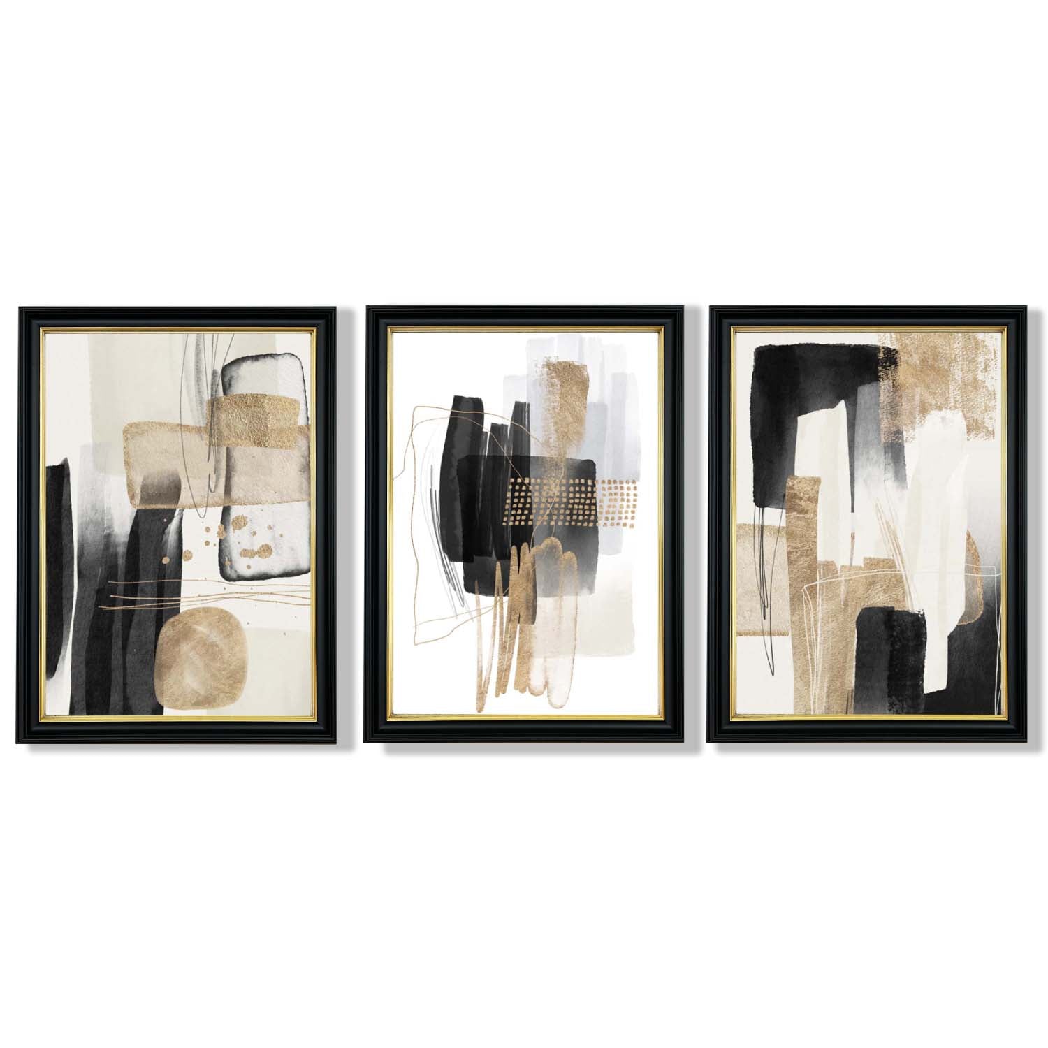 Set of 3 Abstract Black Beige with Gold Framed Art Prints with Vermeer Black and Gold Frames