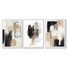 Set of 3 Abstract Black Beige with Gold Framed Art Prints with White Wooden Frames