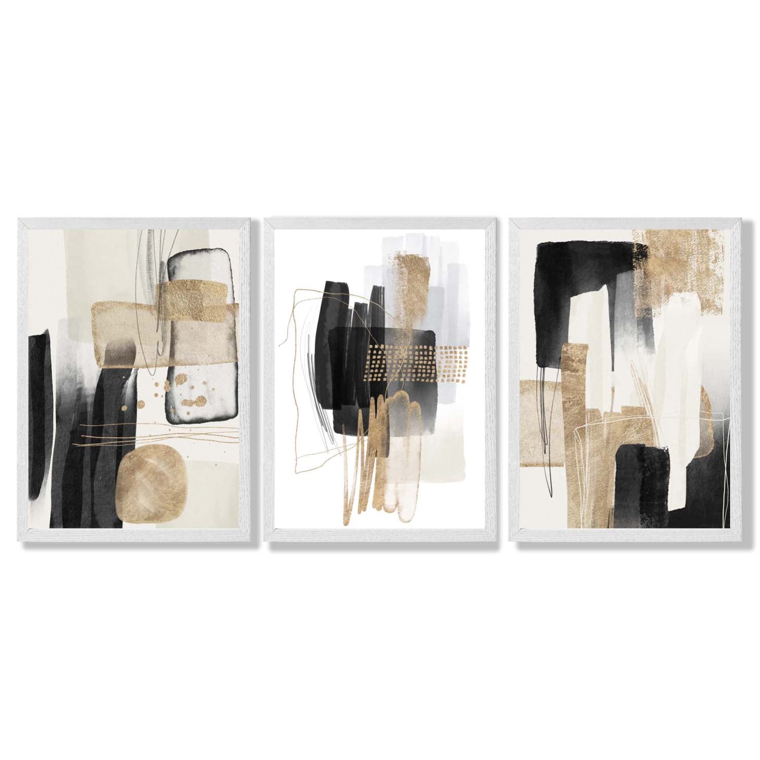 Set of 3 Abstract Black Beige with Gold Framed Art Prints with White Wooden Frames