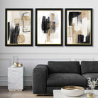 Set of 3 Abstract Black Beige with Gold Art Prints in Luxury Frames | Artze UK
