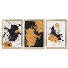 Set of 3 Abstract Oil Black Beige and Yellow Framed Art Prints with Gold Wood Frames