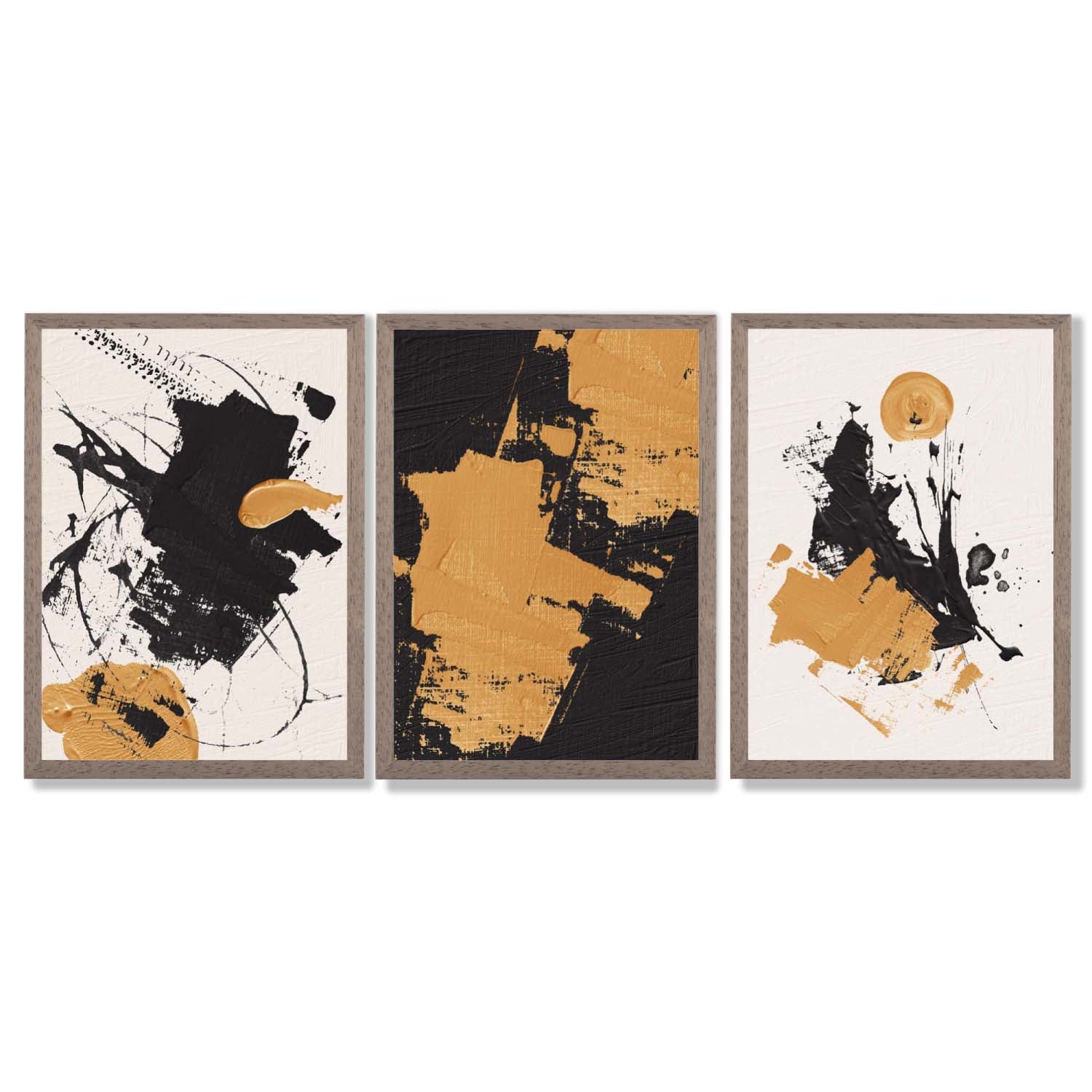 Set of 3 Abstract Oil Black Beige and Yellow Framed Art Prints with Light Walnut Frames