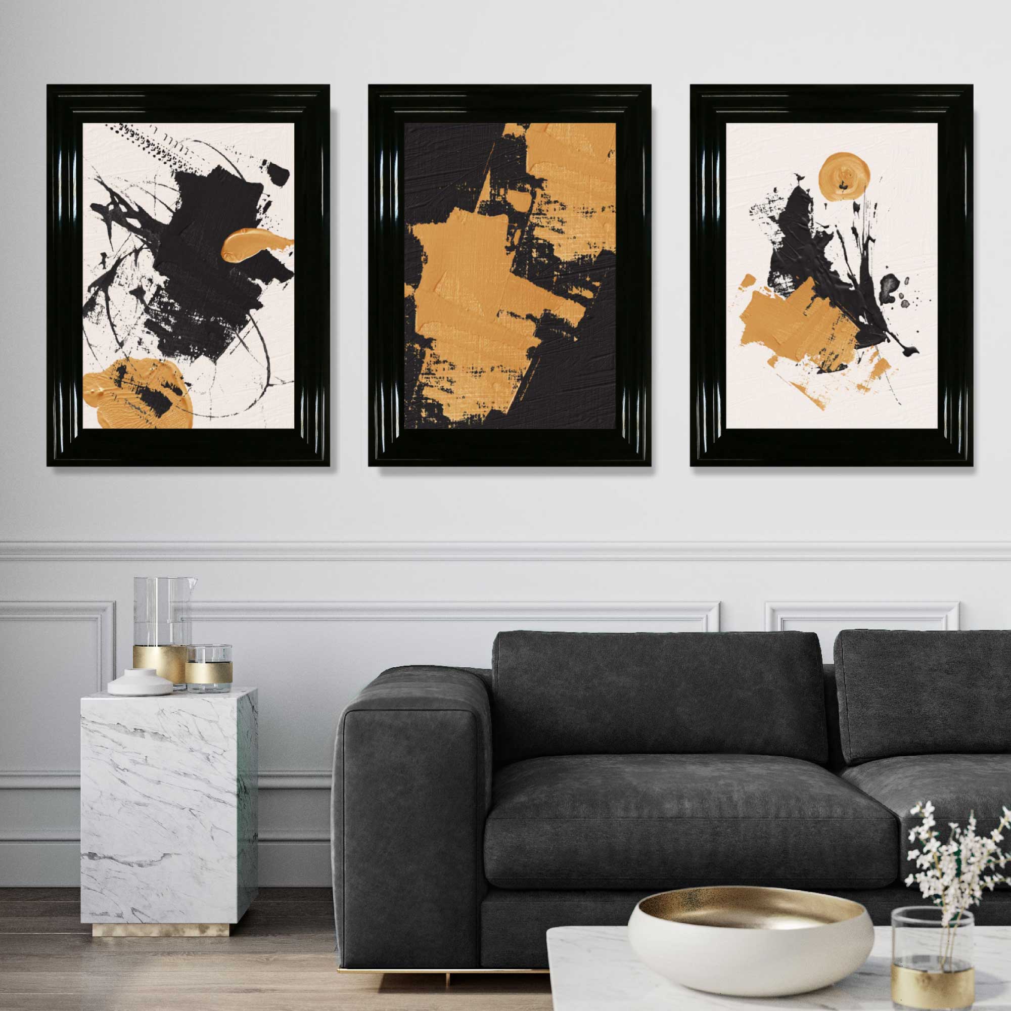 Set of 3 Abstract Oil Black Beige and Yellow Art Prints in Luxury Frames | Artze UK
