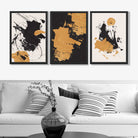 Set of 3 Abstract Oil Black Beige and Yellow Art Prints in Black Frames | Artze UK