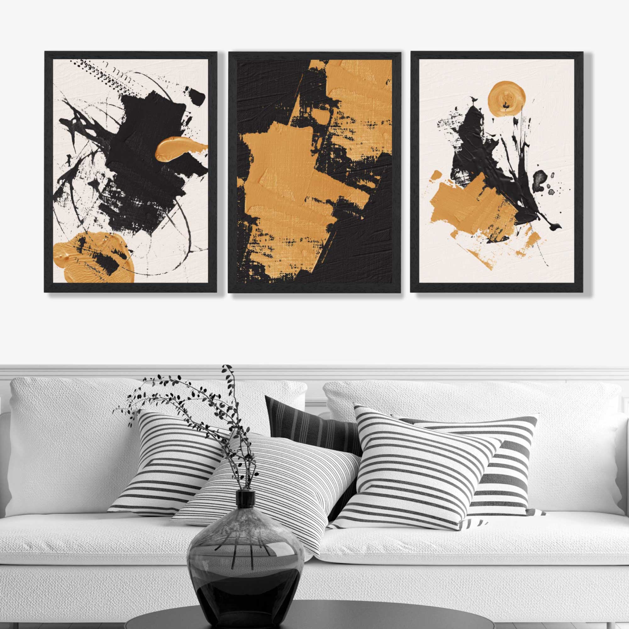 Set of 3 Abstract Oil Black Beige and Yellow Art Prints in Black Frames | Artze UK