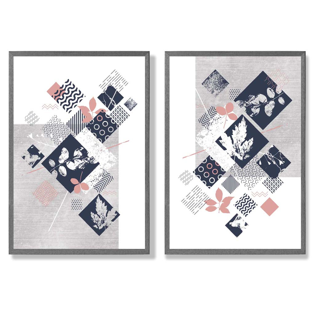 Blue, Pink and Grey Mixed Media Floral Set of 2 Art Prints with Dark Grey Frame