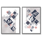 Blue, Pink and Grey Mixed Media Floral Set of 2 Art Prints with Dark Grey Frame