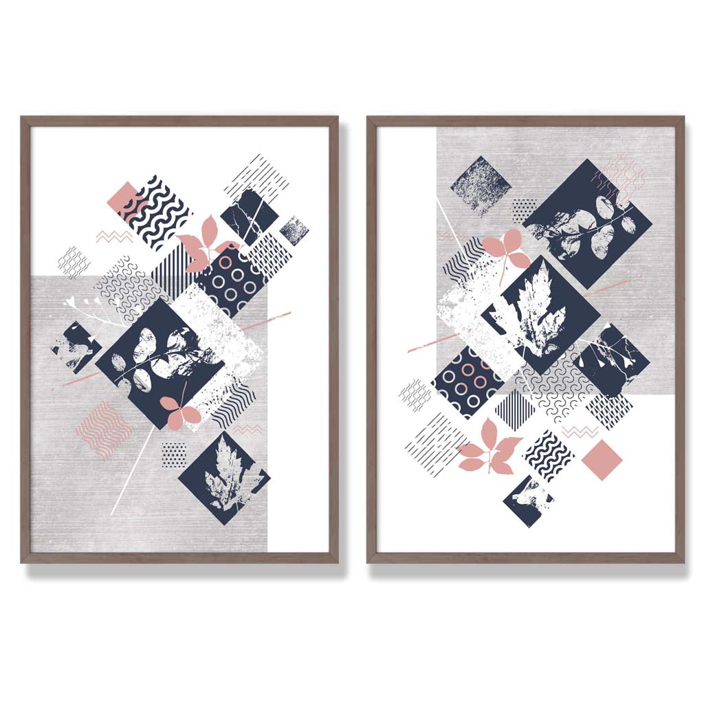 Blue, Pink and Grey Mixed Media Floral Set of 2 Art Prints with Walnut Frame
