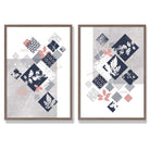 Blue, Pink and Grey Mixed Media Floral Set of 2 Art Prints with Walnut Frame
