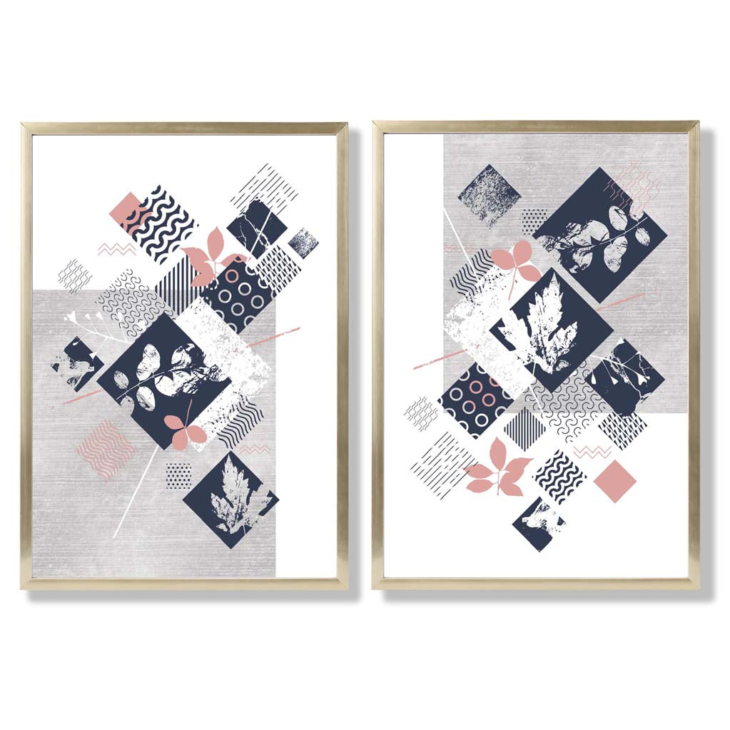 Blue, Pink and Grey Mixed Media Floral Set of 2 Art Prints with Gold Frame