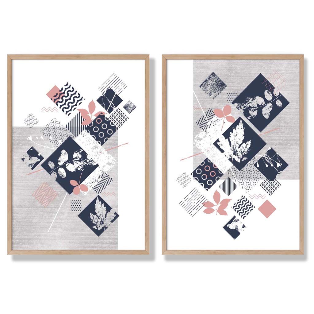 Blue, Pink and Grey Mixed Media Floral Set of 2 Art Prints with Oak Frame