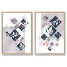 Blue, Pink and Grey Mixed Media Floral Set of 2 Art Prints with Oak Frame